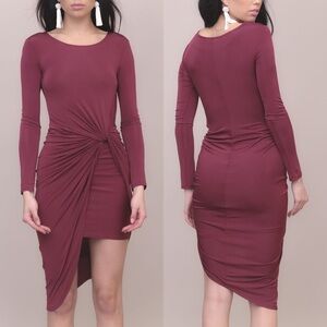 ASTR Janice Twist Front Long Sleeve Wrap Tight Bodycon Dress Wine Burgundy Small